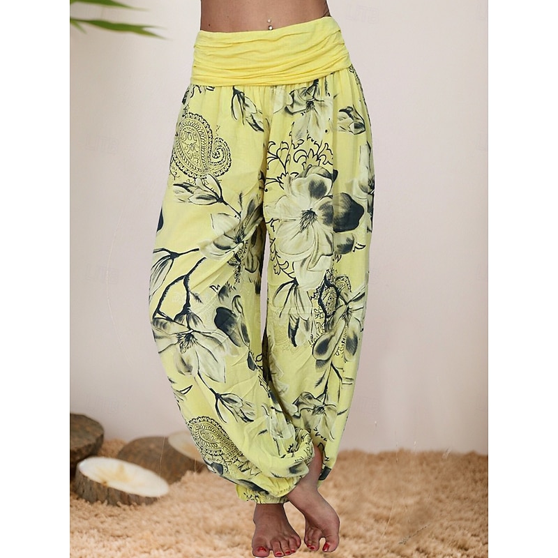 Women's Harem Pants Vintage Ethnic Style Casual Full Length High Waist Floral Graphic Inelastic Outdoor Vacation Violet Yellow Orange Khaki Summer Spring2