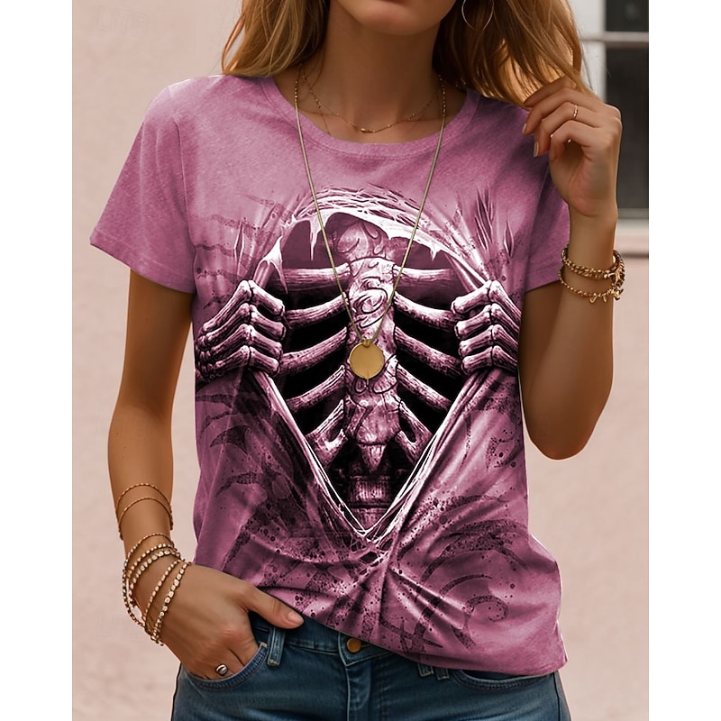 Halloween Women's T Shirt Skulls Graphic Skeleton Vintage Stylish Casual Short Sleeve Crew Neck Regular Tops Daily Going out Weekend Print Pink Green Khaki Gray Summer3