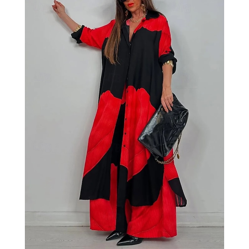 Women's Active Streetwear Shirt Blouse Pants Sets Long Sleeve Shirt Collar Floral Print Split Thigh Vacation Casual Daily Wine Red Dark Navy Fall Regular Fit2