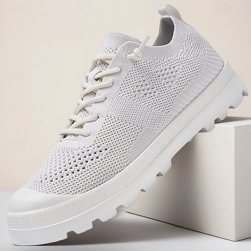 Men's White Flyknit Walking Sneakers – Lightweight Breathable Athletic Shoes for Daily Wear, Travel and Urban Commuting