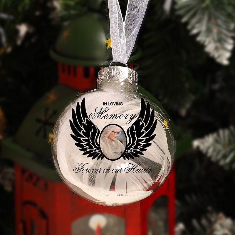Personalized Photo Christmas Feather Memorial Ornament Custom 3D Ball Ornament Sympathy Gifts For Loss Of Loved Ones Custom Christmas Tree Hanging Keepsake Memorial Holiday Decoration