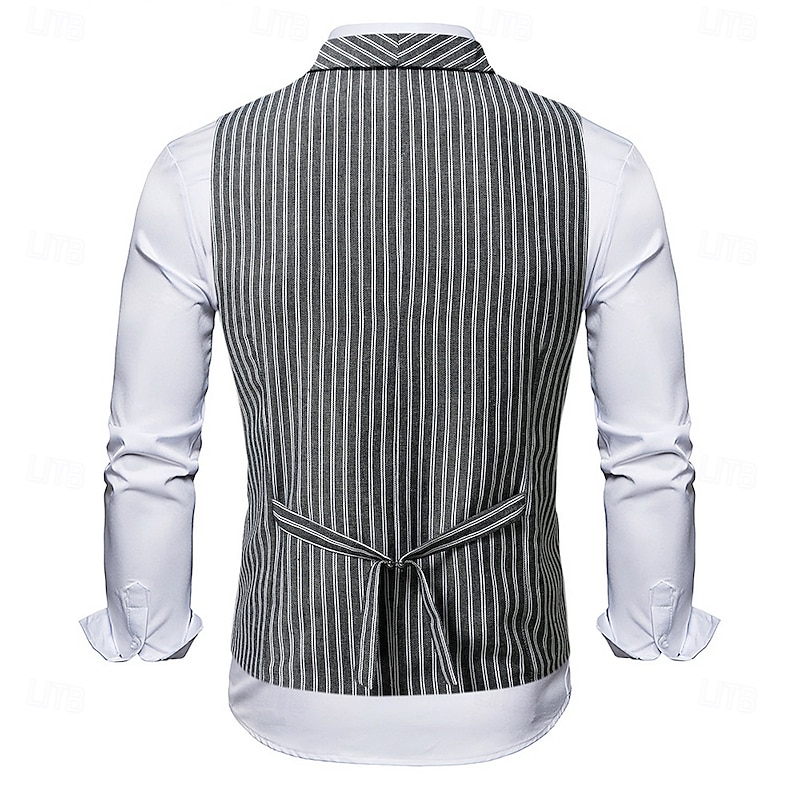 Men's Suit Vest Waistcoat Formal Wedding Party Evening Wear Casual Vintage Spring Fall Stripe Cotton Polyester Striped Double Breasted U Neck Slim Light Grey Vest3