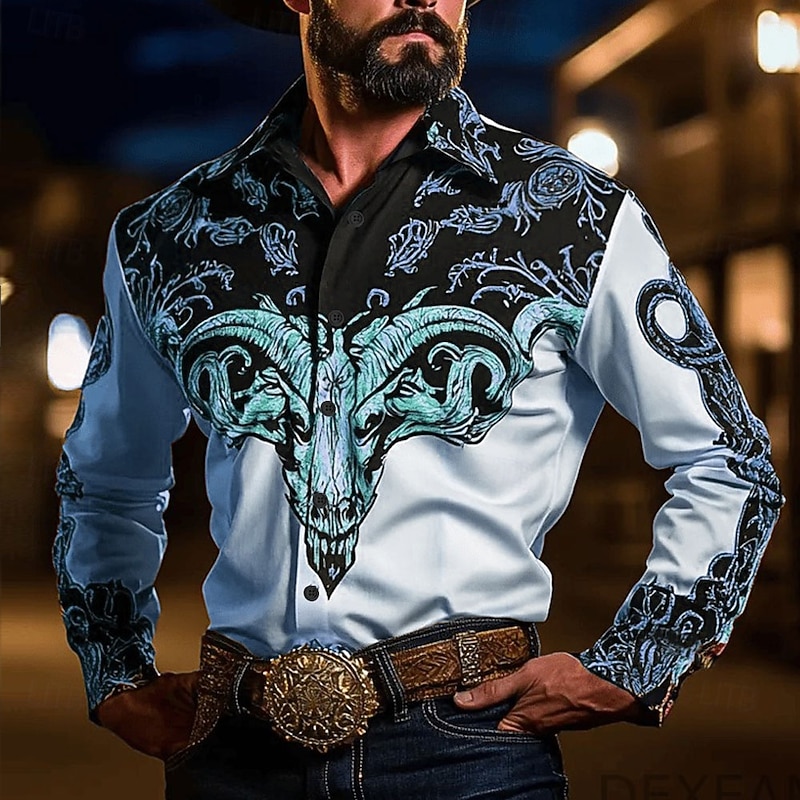 Men's Cow Floral Print Flowers Shirt Western Shirt Cowboy Shirt Long Sleeve Vintage Retro Outdoor Vacation Spring Fall Turndown 3D Print Linen Like Shirt Blue Green Beige Gray2