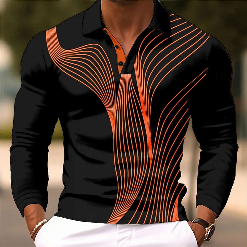 Men's Geometric Line Polo Long Sleeve Polo Shirts Lapel Casual Athleisure Daily Wear 3D Print Buttons Spring Fall Winter Black Blue Orange4