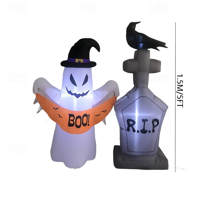 1 Pc1.5m/5FT Halloween wearing wizard hat ghost and tombstone crow LED with light inflatable air model indoor and outdoor horror courtyard luminous ornament US/EU/UK/AU Plug2