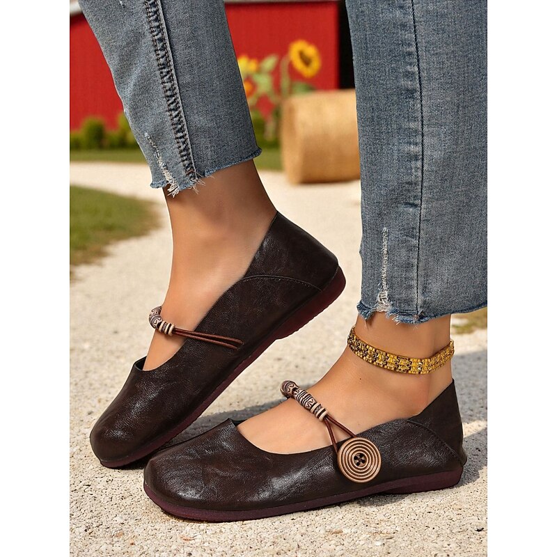 Women's Brown Two-Way Wide Fit Mary Jane Flats with Decorative Straps – Retro & Casual Barefoot Shoes for Countryside Strolls, Farmer's Market Visits & Daily Errands