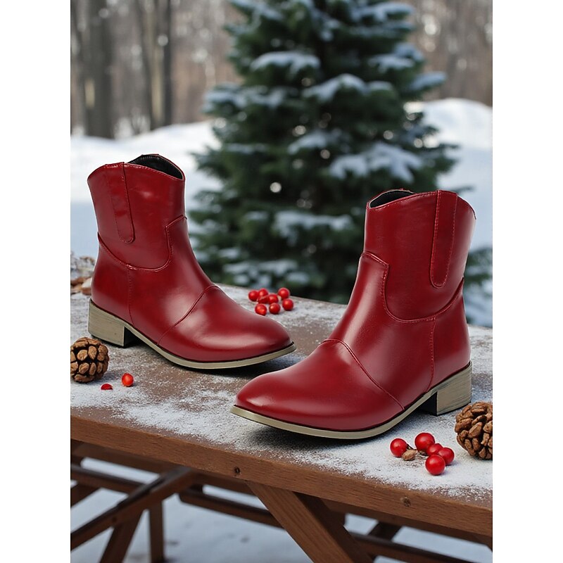 Women's Wine Red Faux Leather Ankle Boots – Casual Western Style Low Heel Short Boots for Work, Travel and Everyday Outfits3