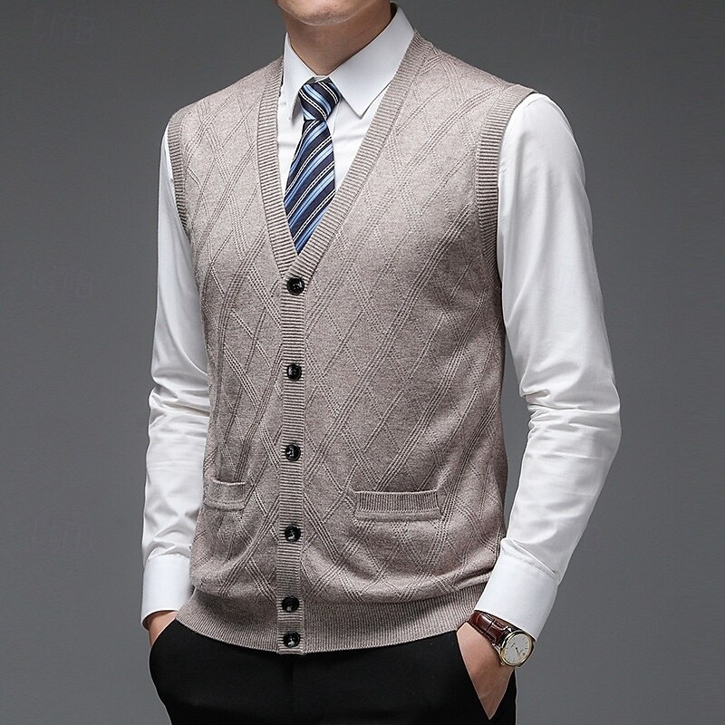 Men's Sweater Dress Sweater Cardigan Sweater Knit Sweater Ribbed Knit Regular Tops Knitted Ribbed Plain V Neck Fashion Shawls Formal Business Clothing Apparel Spring Fall Burgundy Camel M L XL2