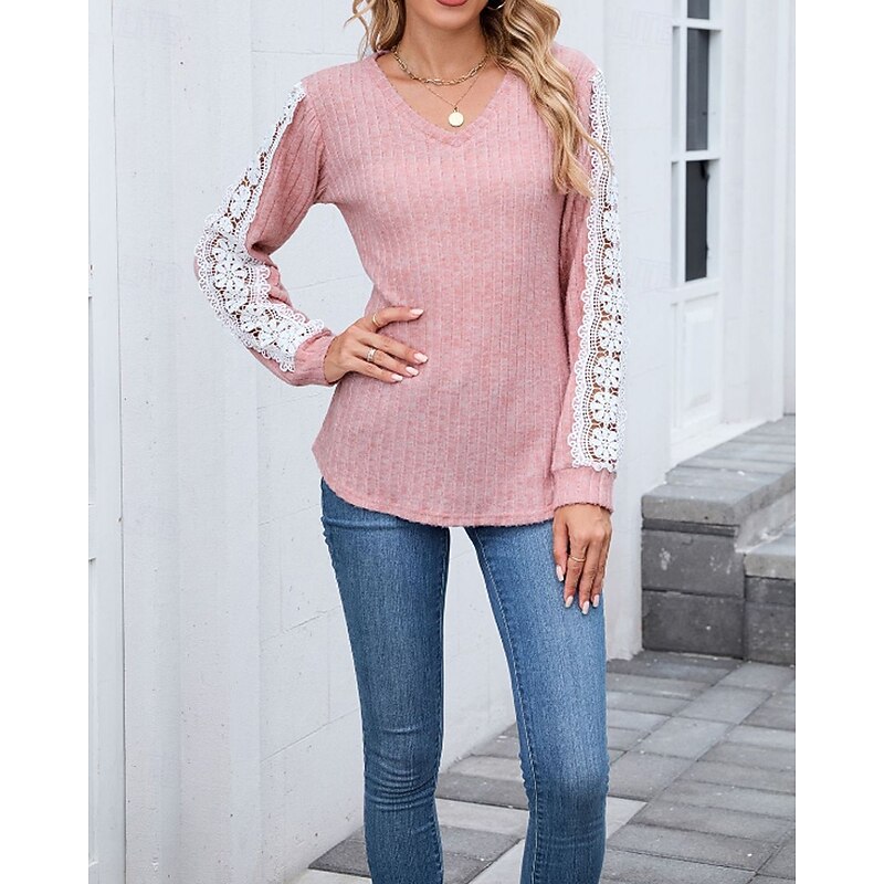 Women's Texture Sweatshirt T Shirt Color Block Casual Long Sleeve V Neck Regular Tops Daily Going out Weekend Lace Patchwork Black Pink Army Green Blue Fuchsia Fall2