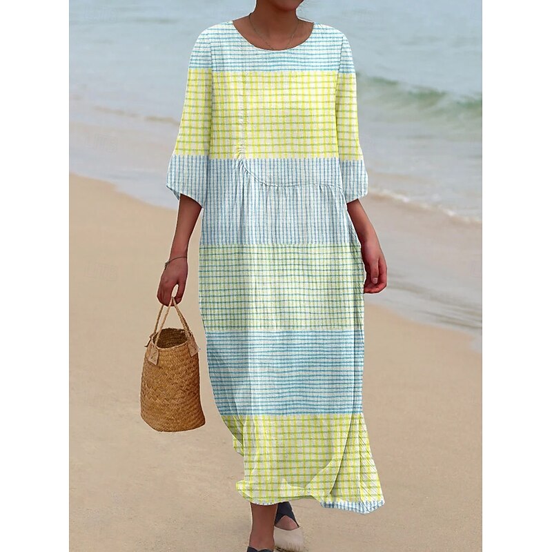 Women's Maxi Dress Kaftan 3/4 Length Sleeve Crew Neck Casual Shift Dress Dress Boho Daily Holiday Date Graphic Geometric Yellow Blue Rainbow Spring Fall3