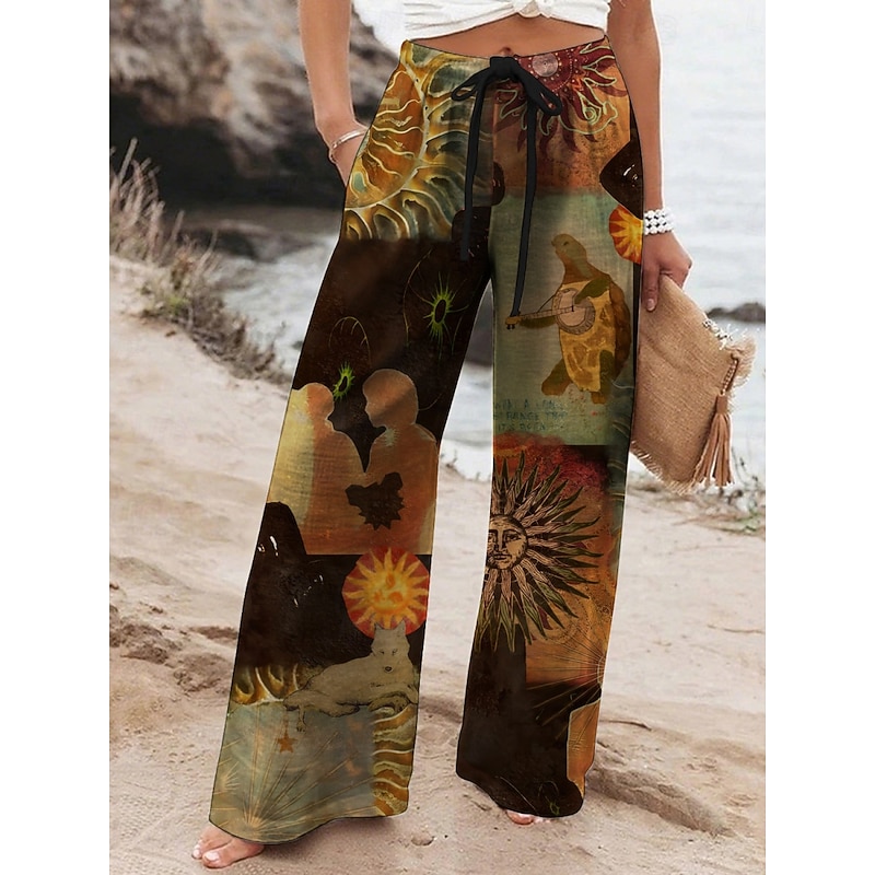 Women's Wide Leg Pants Trousers Ethnic Style Retro Vintage Long High Waist Graphic Color Block Elastic Waist Printing High Cut Breathability Soft Micro-elastic Casual Daily Wear Yellow Spring Fall
