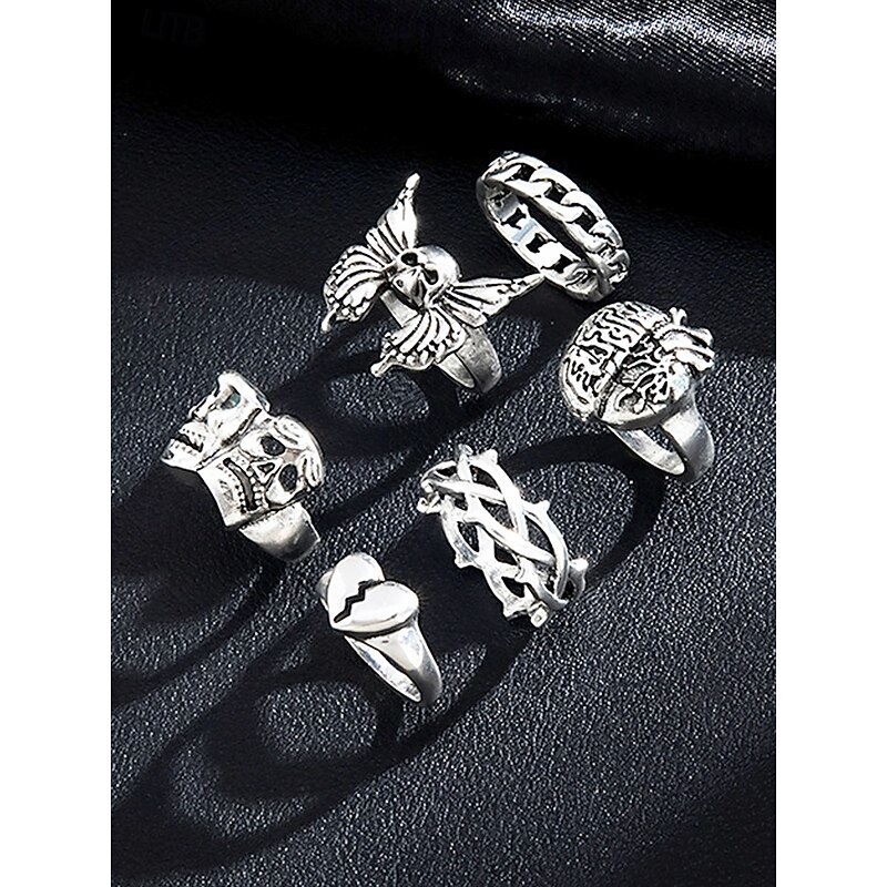 Men's Halloween Gothic Ring Set - with skull, Brain, Butterfly and chain designs, Stackable punk knight jewelry for men and teen boys, Perfect for costume parties, Cosplay, Concerts and nights out3