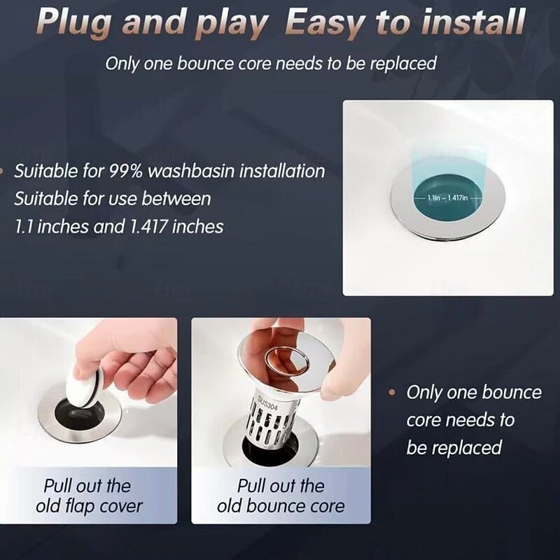 2 Pack Universal Stainless Steel Drain Strainer Push-To-Bounce Core Sink Drain Stopper Pop-Up Strainer Plug, Anti-Odor, Universal Basin Accessory4