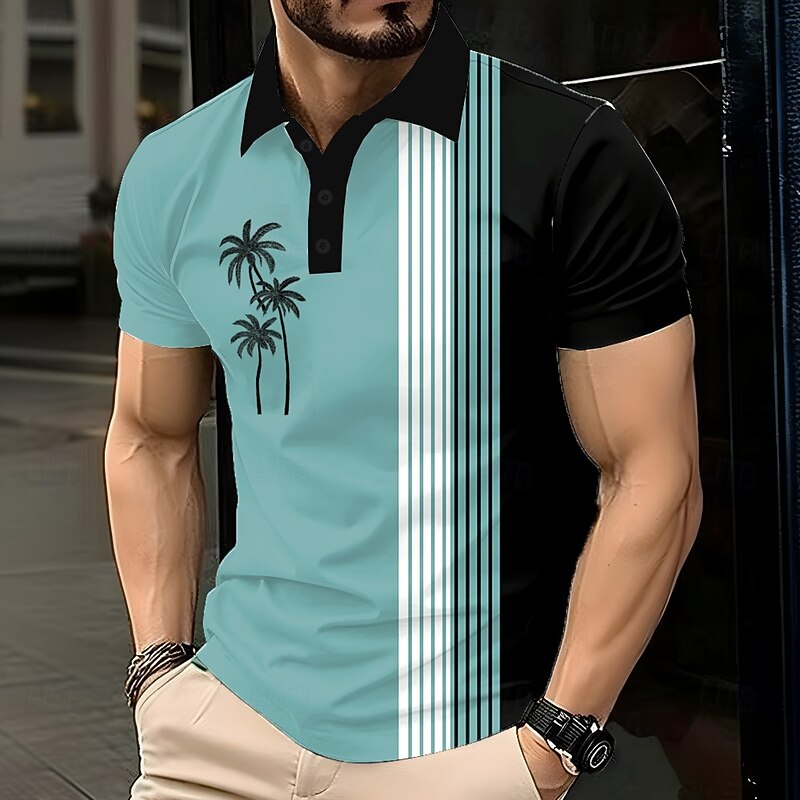 Men's Palm Tree Polo Short Sleeve Polo Shirts Lapel Casual Resort Athleisure Hawaiian 3D Print Buttons Summer Blue Purple Brown2