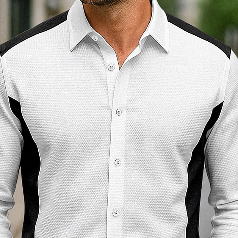 Men's Shirt Casual Shirt Button Up Shirt Waffle Knit Shirt White Blue Orange Green Long Sleeve Solid Color Lapel Vacation Halloween Patchwork Clothing Apparel Fashion Casual Comfortable2