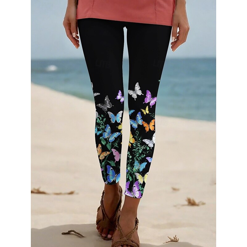 Women's Pants Trousers Leggings Streetwear Casual Full Length High Waist Butterfly Elastic Waist Print Breathability Comfortable Stretchy Vacation Street Daily Wear Black Summer Spring Fall Regular
