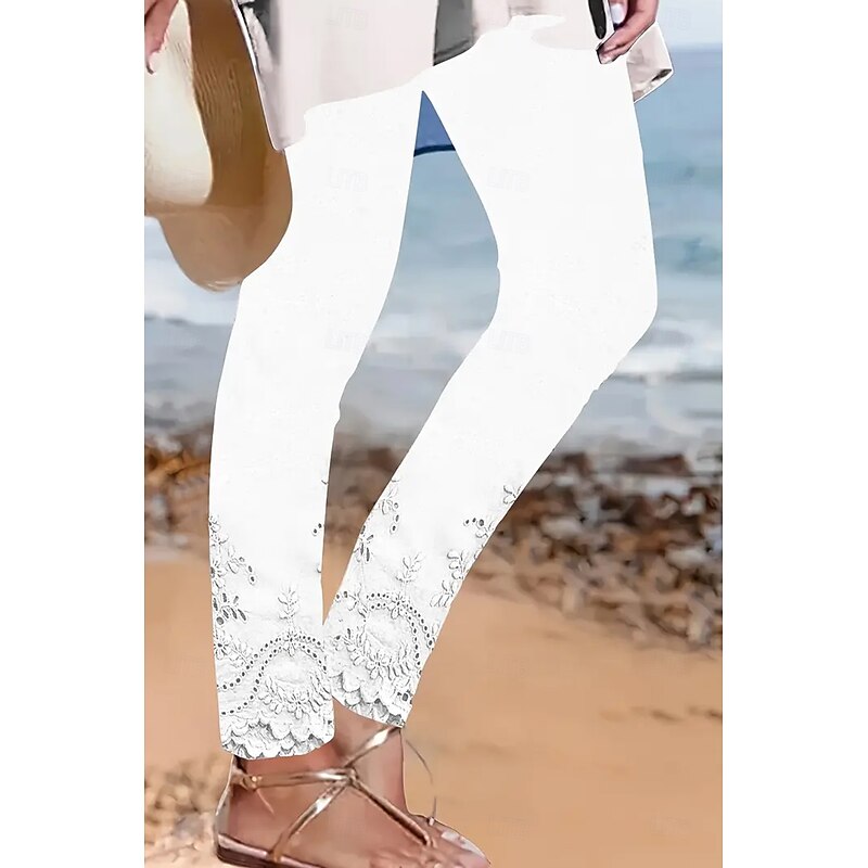 Women's Leggings Vacation Vintage Ethnic Style Ankle-Length High Waist Floral Graphic 3D Print Quick Dry Breathability Soft Stretchy Outdoor Home Causal White Pink Spring Fall Regular Fit2