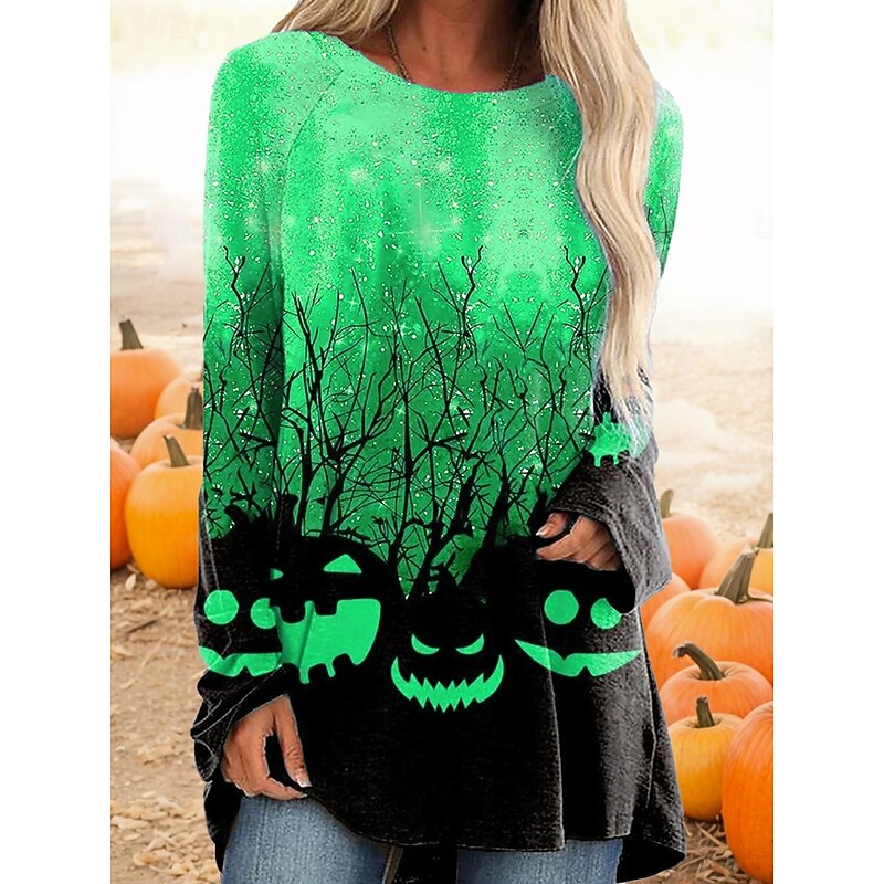Halloween Women's T shirt Pumpkin Ombre Graphic Vintage Stylish Casual Long Sleeve Crew Neck Long Tops Daily Print Blue Purple Fuchsia Orange Green Spring Fall2
