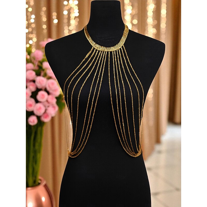 Women's Gold Multi-Layer Body Chain - Statement Jewelry with Draped Chains for Fashion Shows, Evening Parties, Beachwear and Special Occasions