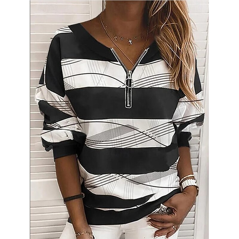 Women's Pullover Sweatshirt Zip Up Sweatshirts Graphic Striped Fashion Casual Long Sleeve Crew Neck Regular Tops Street Dailywear Zipper Print Black Pink Purple Green Fall Winter