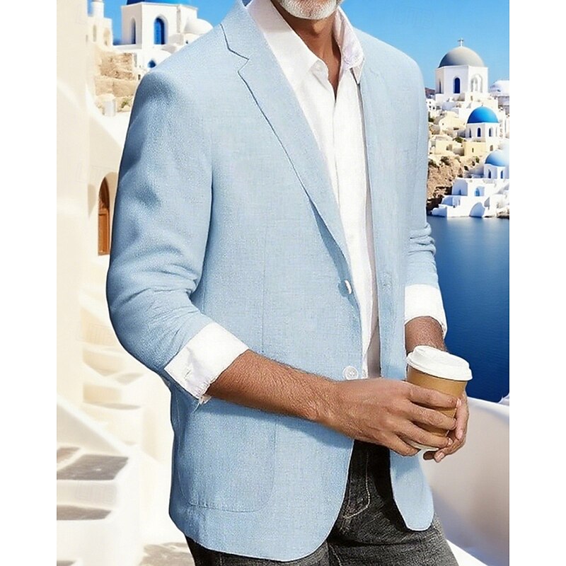 Men's Linen Blazer Blazer Business Cocktail Party Wedding Party Fashion Casual Spring Fall 30% Linen 60% Polyester Plain Pocket Buttons Comfortable Single Breasted Blazer White khaki Light Blue
