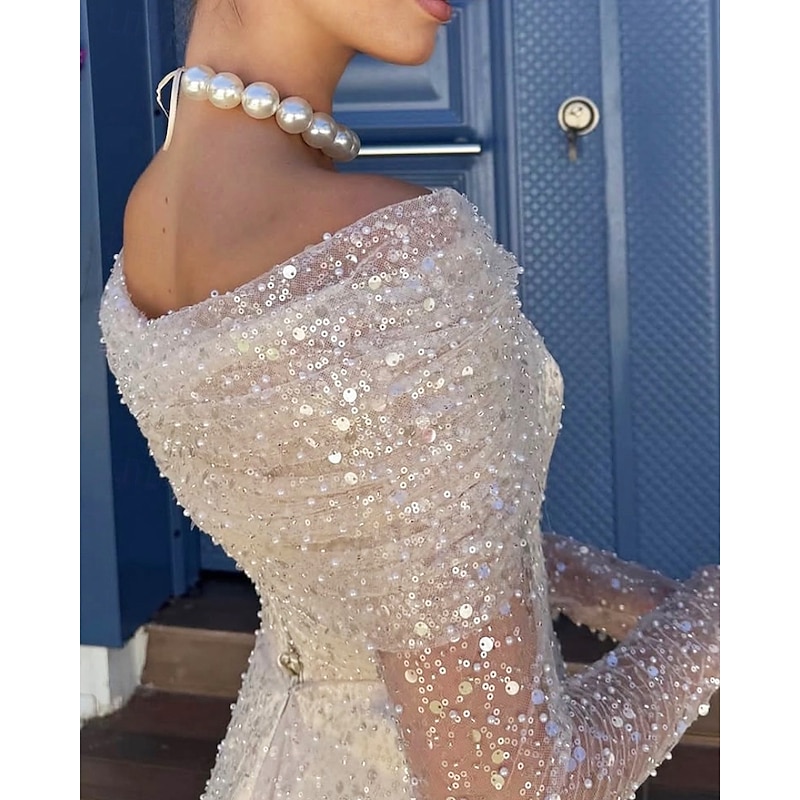 A-Line Cocktail Dresses Sequined Elegant Dress Formal Wedding Tea Length Long Sleeve Off Shoulder Lace with Ruched Details 20254