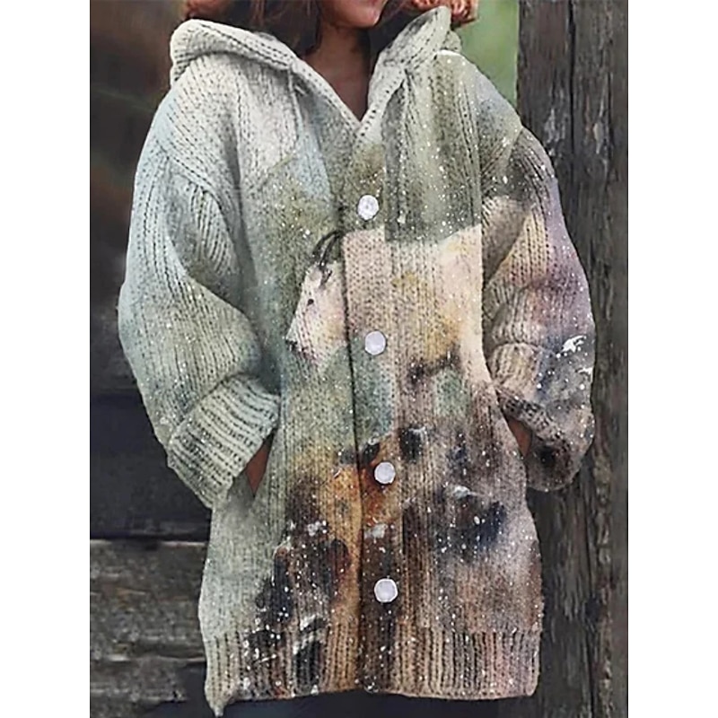 Women's Cardigan Vacation Daily Floral Ribbed Hooded Knitted Print Front Pocket Long Sleeve Regular Tops Knit Outdoor Daily Holiday Blue Green Fall Winter