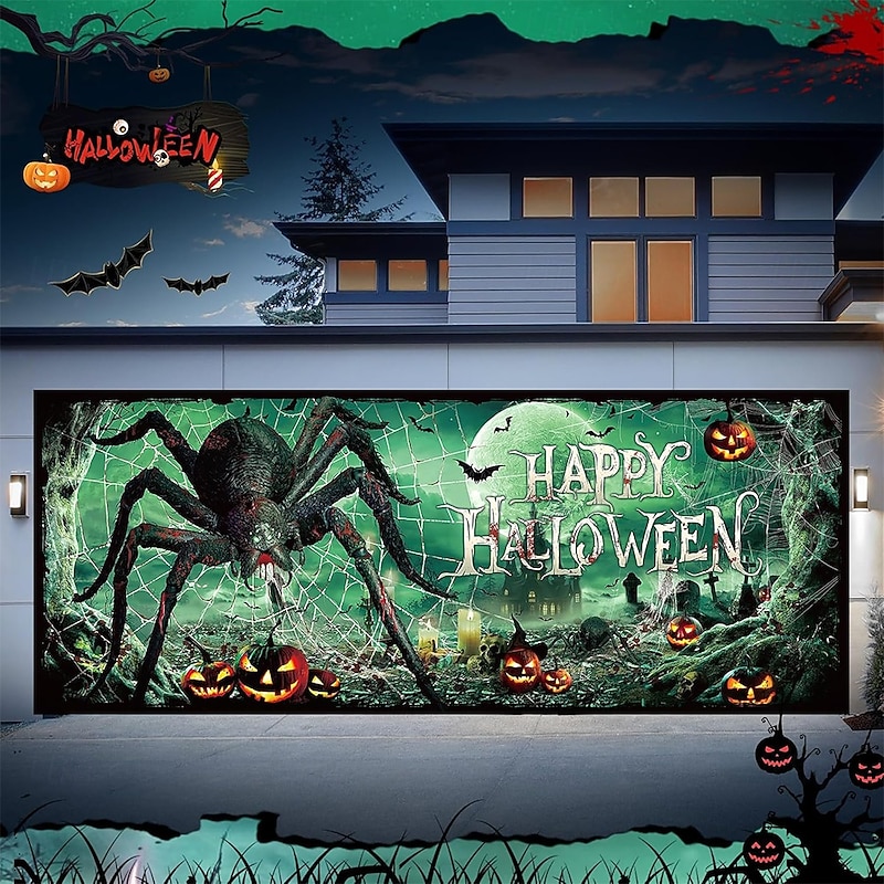Halloween Garage Door Cover Large Hanging Backdrop Spider Dark Punk Gothic Style Party Outdoor Shooting Backgrounds Yard Haunted House Home Decor
