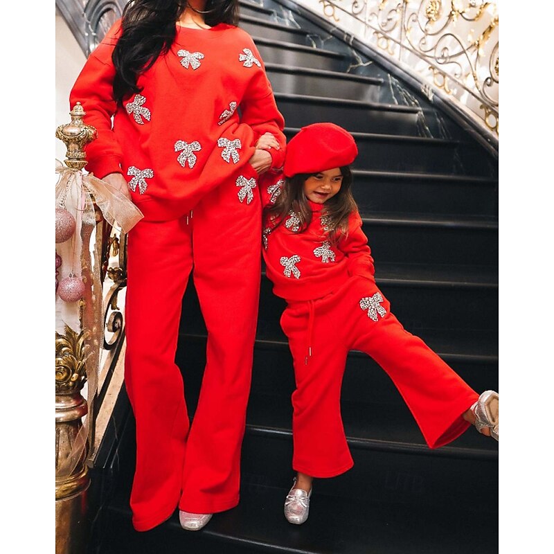 Mommy and Me Tops Bottom Floral Street Print Red Long Sleeve Maxi Sweet Matching Outfits2