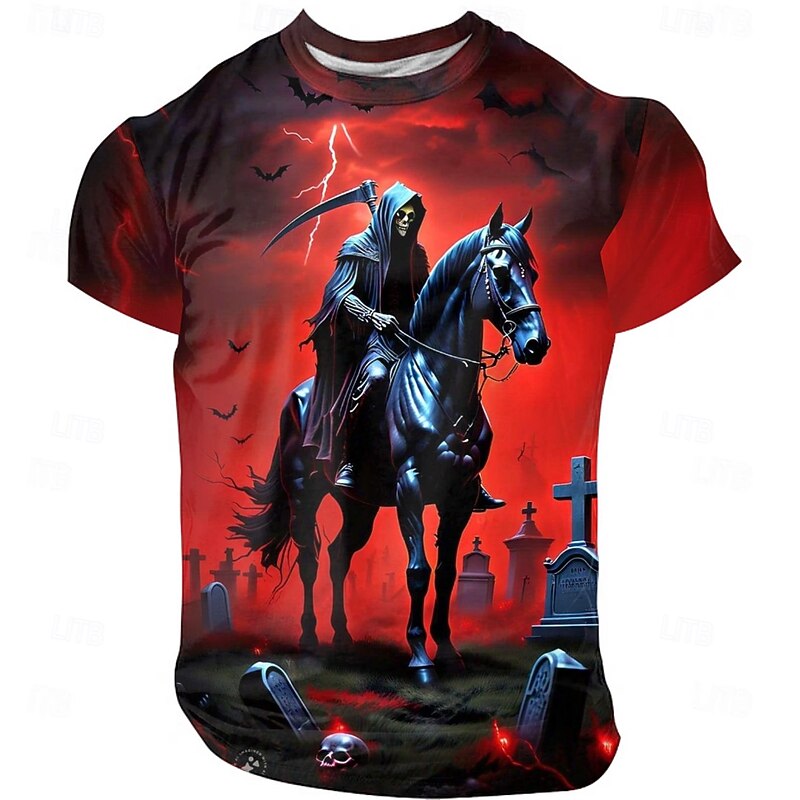 Halloween Men's Reaper T Shirt Short Sleeve T shirt 3D Print Crew Neck Shirt Exaggerated Designer Horror Party Street Holiday Red Blue Summer Spring All Seasons Clothing Apparel S M L XL XXL XXXL