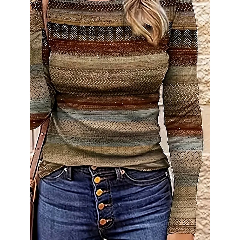 Women's T Shirt Graphic Geometric Striped Vintage Fashion Stylish Long Sleeve Crew Neck Regular Tops Daily Weekend Print Light Brown Spring Fall Winter3