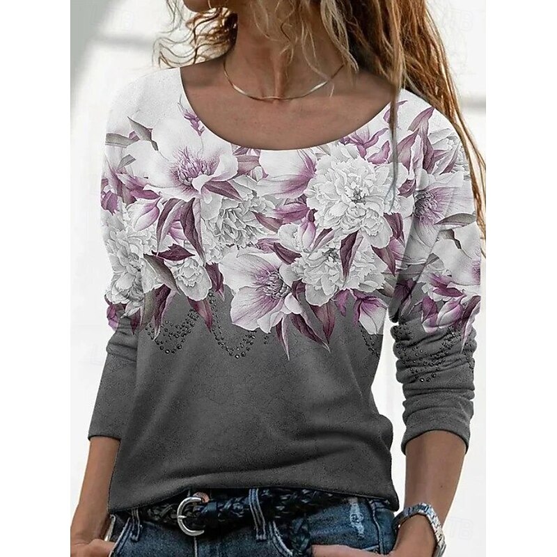 Women's Plus Size T Shirt Floral Color Gradient Oil painting flowers Fashion Long Sleeve Crew Neck Regular Tops Daily Going out Weekend Print Black Pink Purple Green Gray Spring Fall3