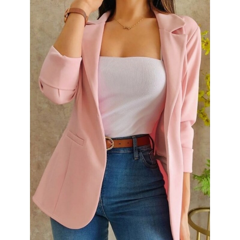 Women's Blazer Comfortable Breathable Pocket Casual Plain Office Street Casual Daily Wear Open Front Short Turndown Regular Fit Long Sleeve Outerwear Pink Blue Green Summer Fall4