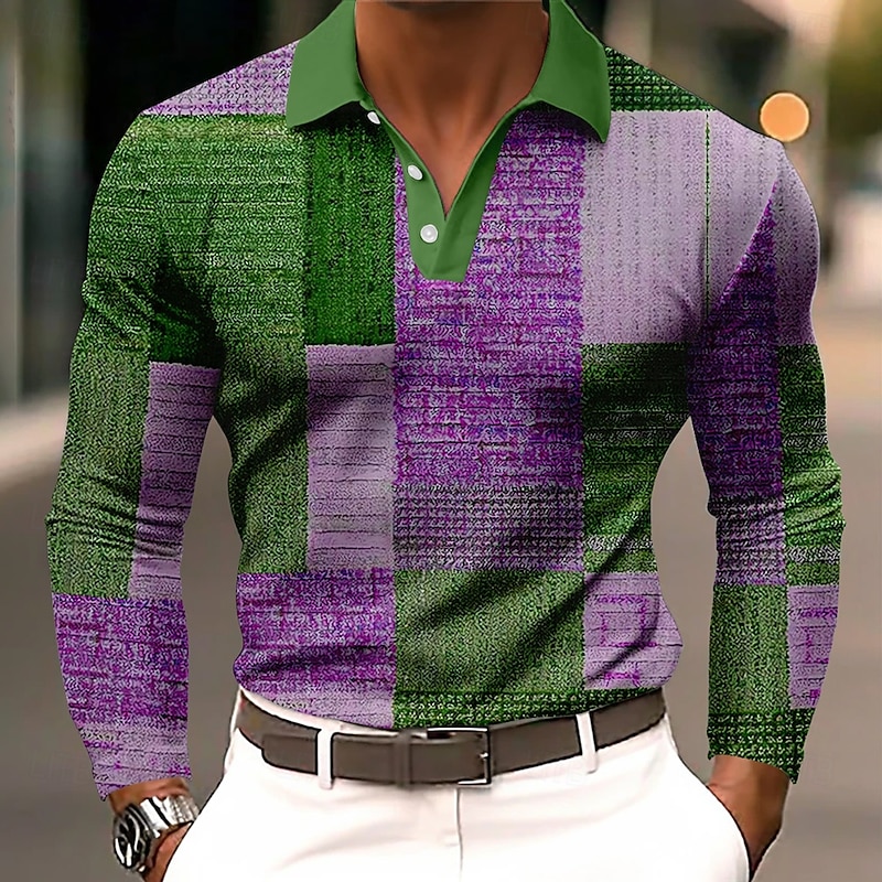 Men's Color Block Polo Long Sleeve Polo Shirts Lapel Business Casual Athleisure Daily Wear 3D Print Buttons Spring Fall Winter Blue Brown Green2