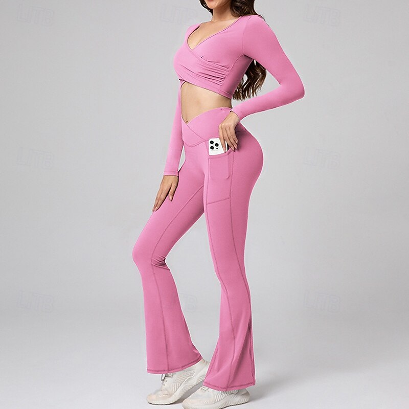 Women's Workout Jumpsuit 2 Piece Sports Set Fall Solid Color Clothing Suit Pink Green Gym Pilates Yoga Tummy Control Long Sleeve Sport Activewear Tight Fit4