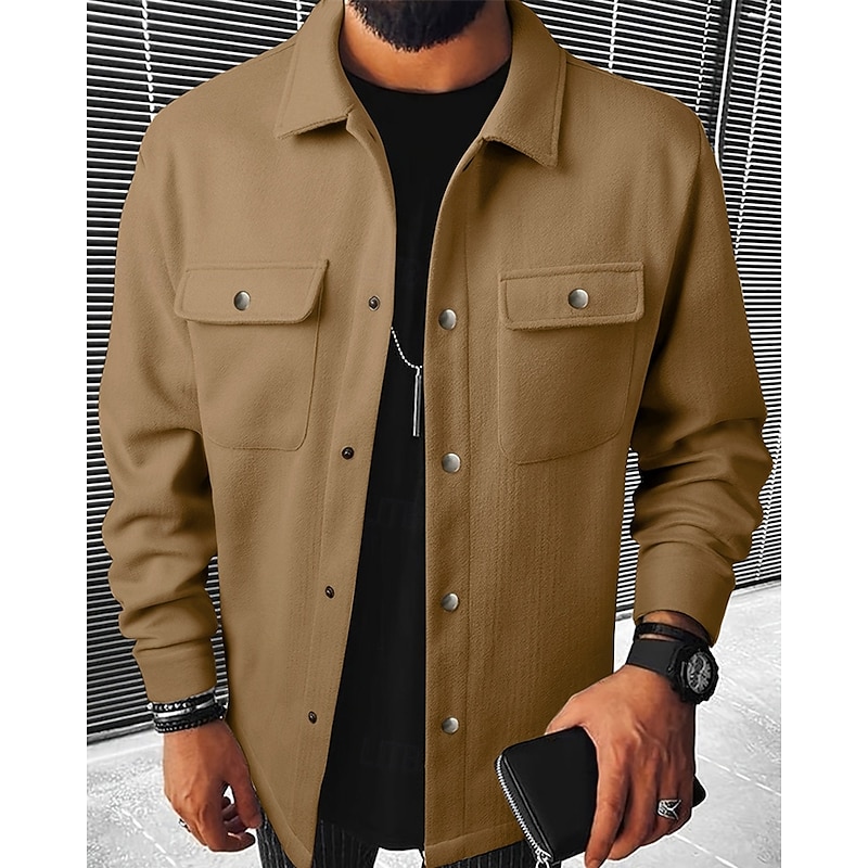 Men's Shirt Jacket Casual Jacket Vacation Daily Breathable Pocket Spring Fall Plain Fashion Classic Lapel Regular Dark Gray Black Navy Blue Khaki Light Grey Jacket2