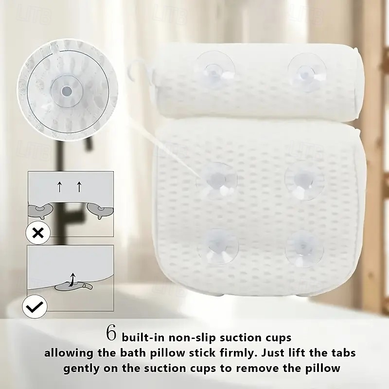 Non-Slip Bath Pillow Neck & Back Support – Spa-Grade 100% Polyester Foam Massage Cushion with Suction Cups, White Relaxing Bathroom Soaking Accessory4