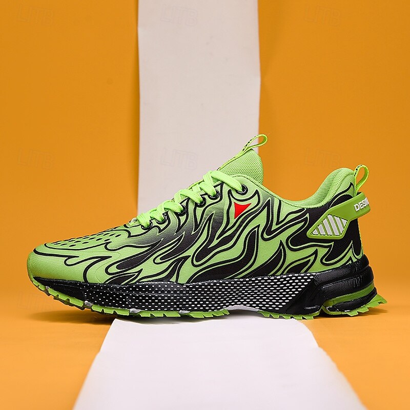 Men's Neon Green Flame Pattern Sneakers – Trendy Breathable Sports Shoes for Streetwear, Running and Outdoor Activities2