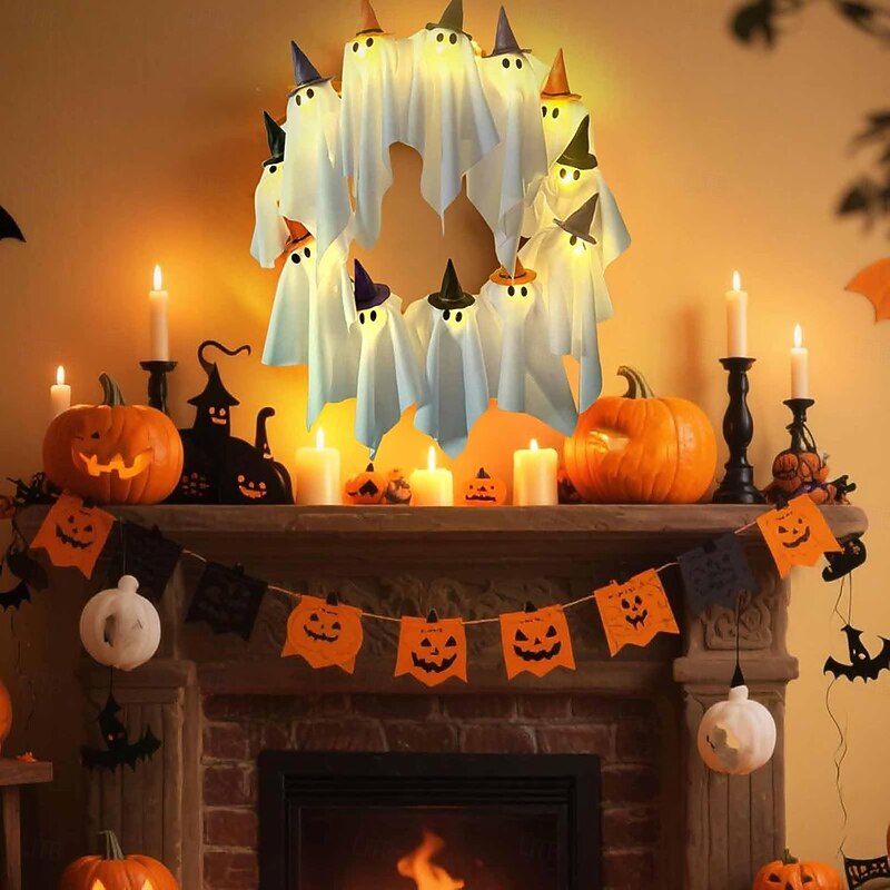 Halloween Ghost Wreath with Lights 16 Inch 12 LED Little Light-Up White Ghost Garland Spooky Ghosts Halloween Wreaths for Front Door Hanging Witch Hat Ghost for Home Party Door Decor3