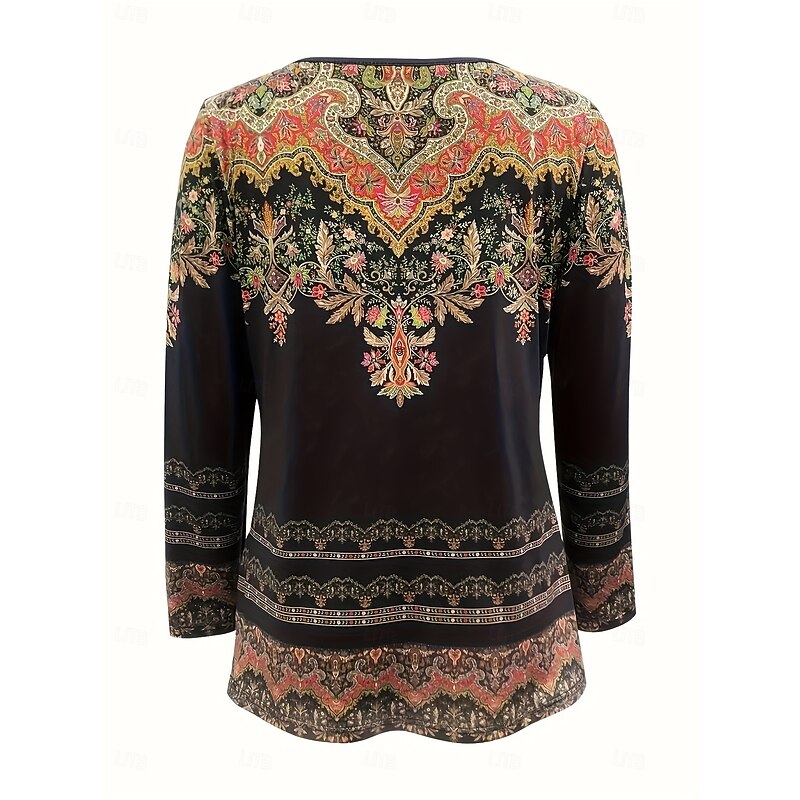 Women's T Shirt Floral Graphic Paisley Vintage Stylish Classic Long Sleeve V Neck Regular Tops Daily Print Pink Blue Purple Orange Spring Fall Winter2