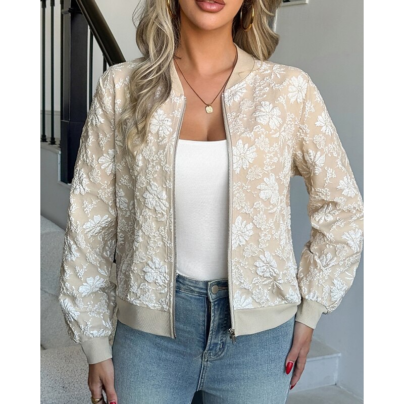 Women's Casual Jacket Comfortable Zipper Pocket Print Fashion Flower Holiday Going out Zipper Regular Crewneck Regular Fit Long Sleeve Outerwear Khaki Fall Winter4