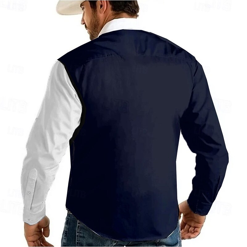 Men's American US Flag Shirt Western Shirt Cowboy Shirt Long Sleeve Vintage Retro Outdoor Casual WorkWear Summer Spring Fall Turndown Front Two Pockets Button Up Shirts White Dark Blue2