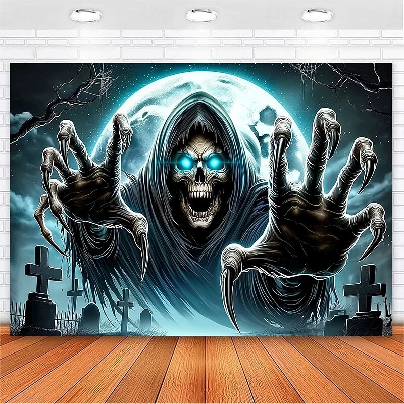 Halloween Tapestry Wall Hanging – Grim Reaper, Creepy Cemetery Scene under Bright Full Moon, Scary Gothic Horror Wall Art for 2025 Halloween Decoration