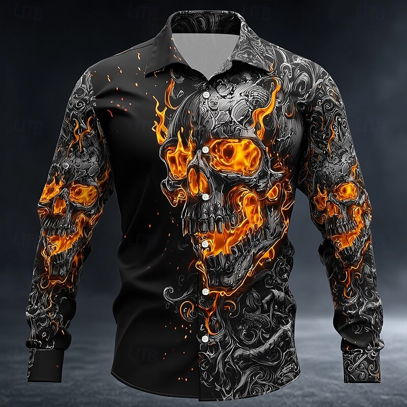 Halloween Men's Skull Floral Print Flame Shirt Button Up Shirt Long Sleeve Dark Punk Gothic Style Outdoor Holiday Summer Spring Turndown 3D Print Collared Shirts Black 1 Black