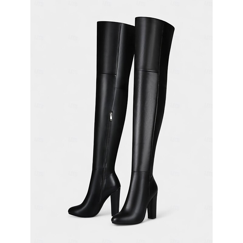 Women's Black Faux Leather Over-the-Knee Boots - High Block Heel, Side Zipper, Chic Street Style Winter Footwear for Daily, Nights Out and Fashion Events3