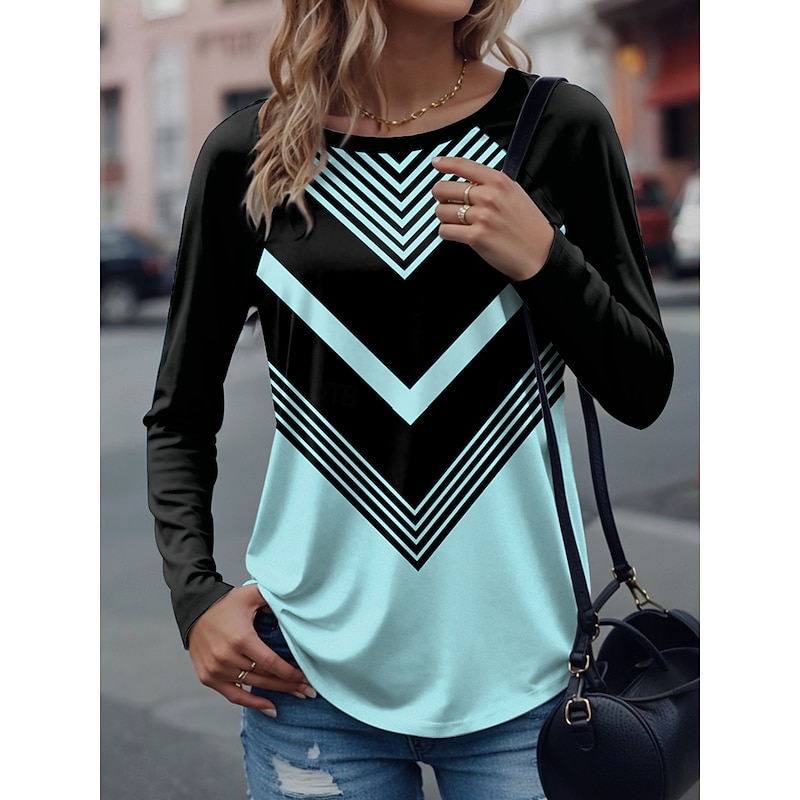 Women's T Shirt Graphic Geometric Stylish Casual Long Sleeve Crew Neck Regular Tops Daily Weekend Print White Pink Blue Purple Green Spring Fall Winter3