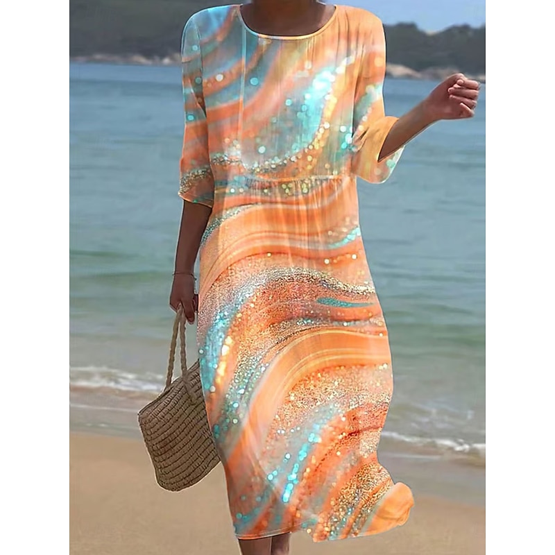 Women's Maxi Dress Kaftan 3/4 Length Sleeve Crew Neck Casual Dress A Line Dress Boho Regular Fit Graphic Geometric Abstract Yellow Pink Blue Orange Spring Fall3