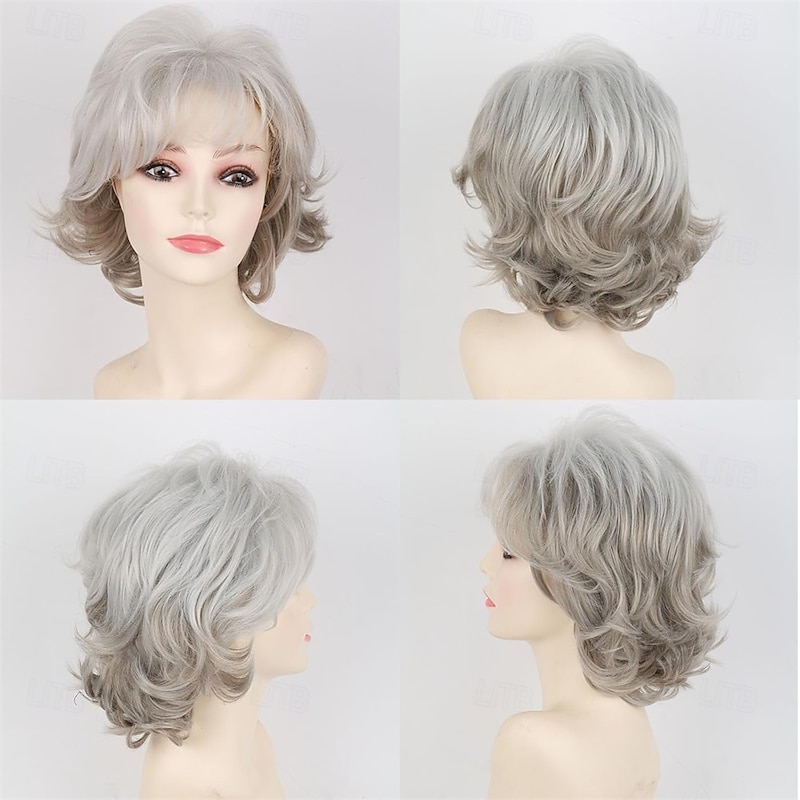 Short Grey Wigs for White Women Natural Curly Short Layered Silver Gray Pixie Cut Wigs with White Bangs Synthetic Hair Silver WIG for Older Women4