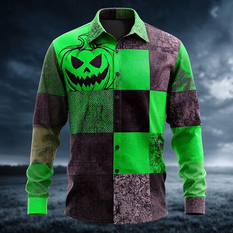 Halloween Men's Color Block Pumpkin Patchwork Shirt Button Up Shirt Long Sleeve Dark Gothic Style Holiday Streetwear Summer Spring Turndown 3D Print Collared Shirts Yellow Blue Orange Green3