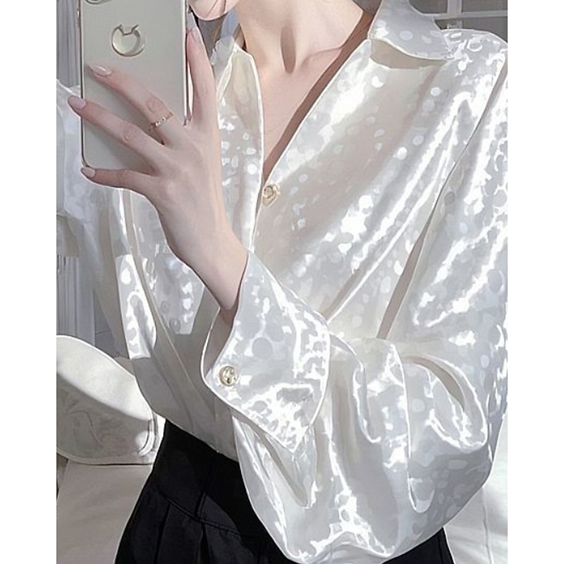 Women's Shirt Elegant Dressy Satin Polka Dot Stylish Modern Long Sleeve Shirt Collar Regular Tops Daily Holiday Going out Buttons White Champagne Light Green Pink Fall